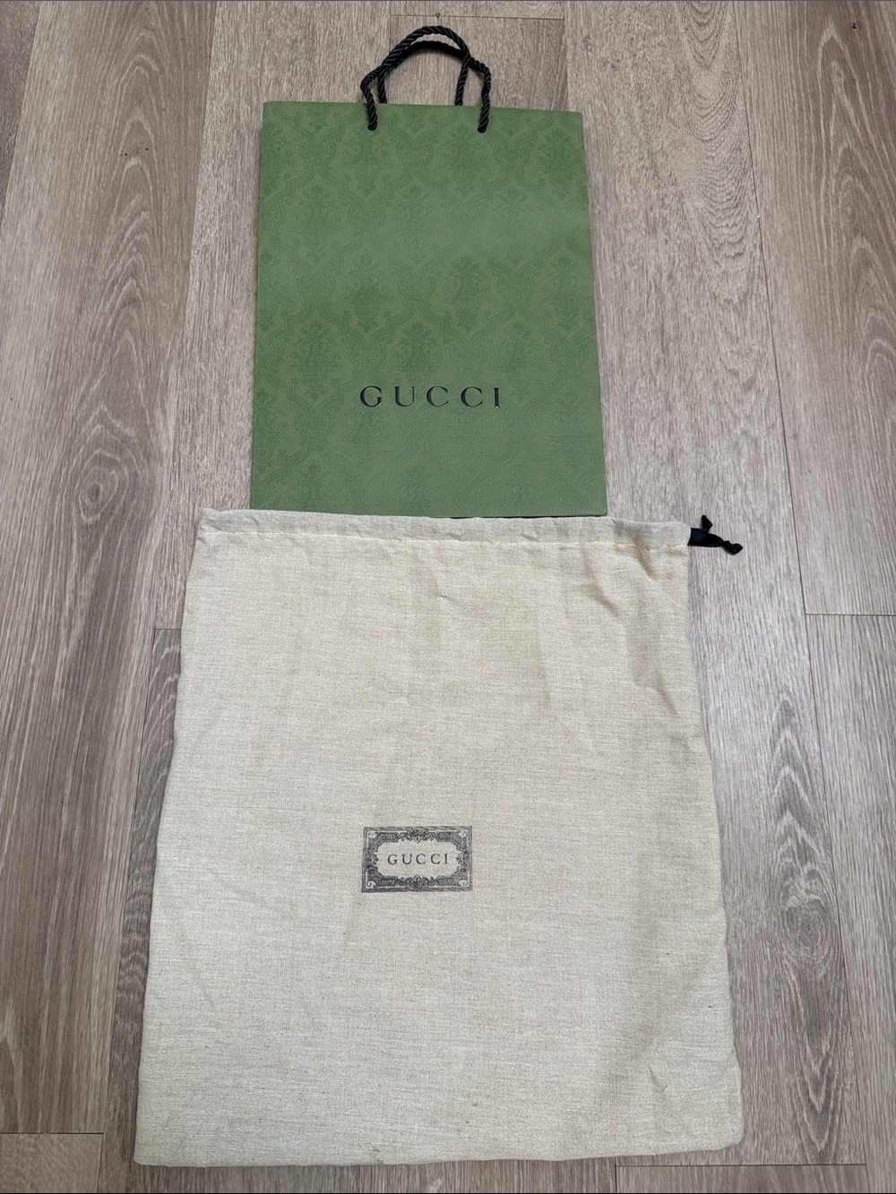 Gucci Beige Dust Bag with Green Branded Shopping Bag